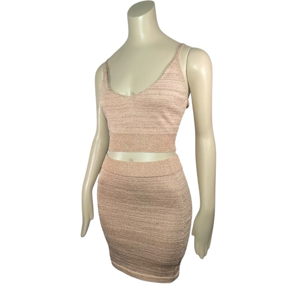 Superdown Paulina lurex knit set rose gold tank skirt  XS